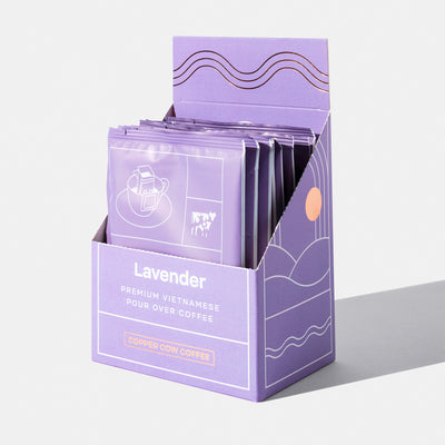 8-pack: 8-Pack of Lavender Vietnamese Coffee single-serve pour over pouches in open box.