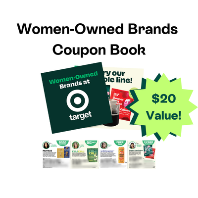 Promotional image of a 'Women-Owned Brands Coupon Book' with Target logo and $20 value tag.