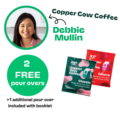 Promotional graphic for Copper Cow Coffee featuring a woman, coffee packages, and promotional text saying 2 free pour overs + 1 additional pour over included with booklet