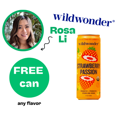 Promotional graphic for wildwonder Strawberry Passion drink can with a woman's face and text. Offer is for free can in any flavor