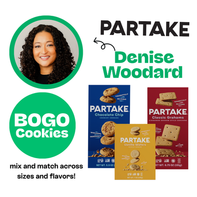 Advertisement for Partake cookies featuring Denise Woodard, BOGO offer, and product packaging.