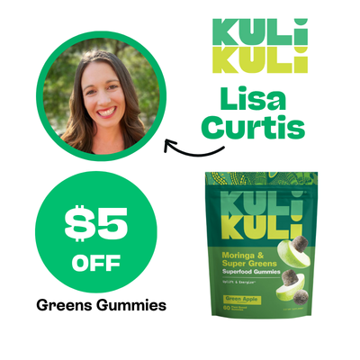 Promotional graphic for Kuli Kuli Greens Gummies with a woman's face and product packaging. Offer is for $5 off greens gummies
