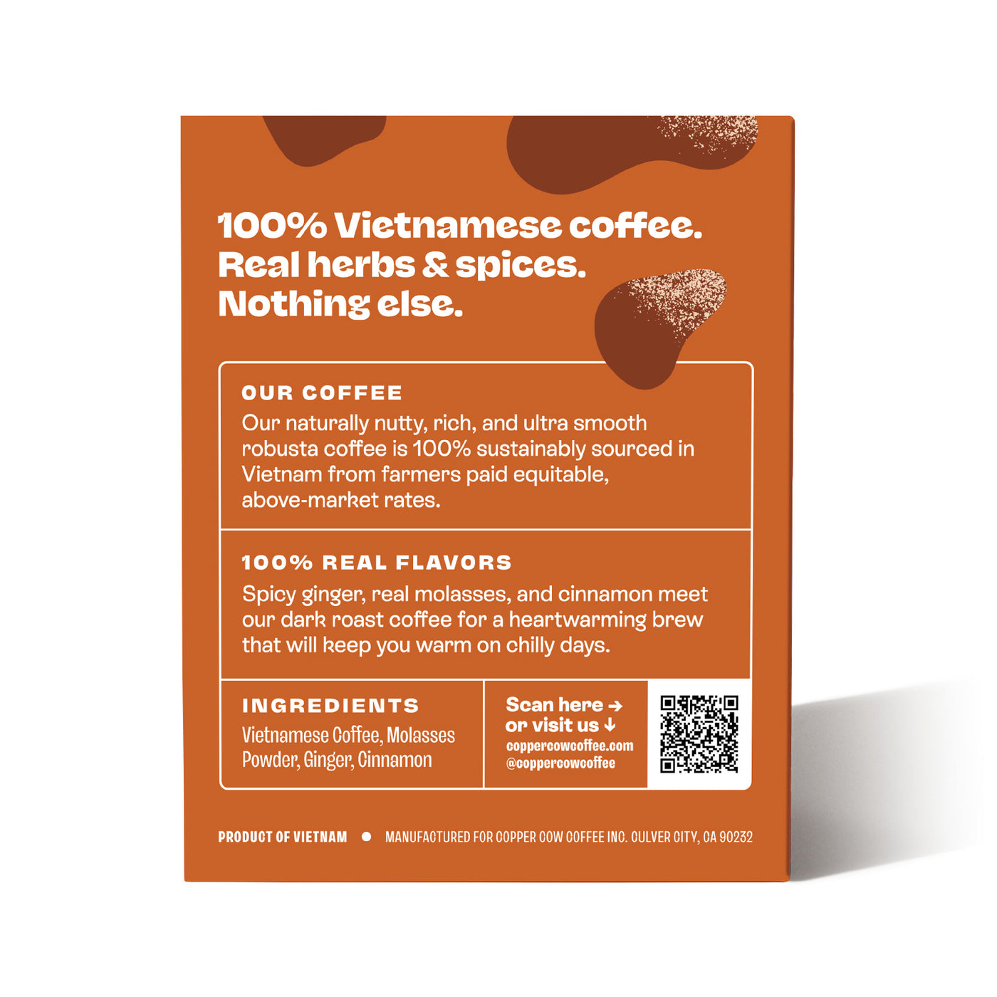 Coffee package with text about Vietnamese coffee, herbs, and spices on an orange background
