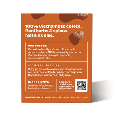 Coffee package with text about Vietnamese coffee, herbs, and spices on an orange background