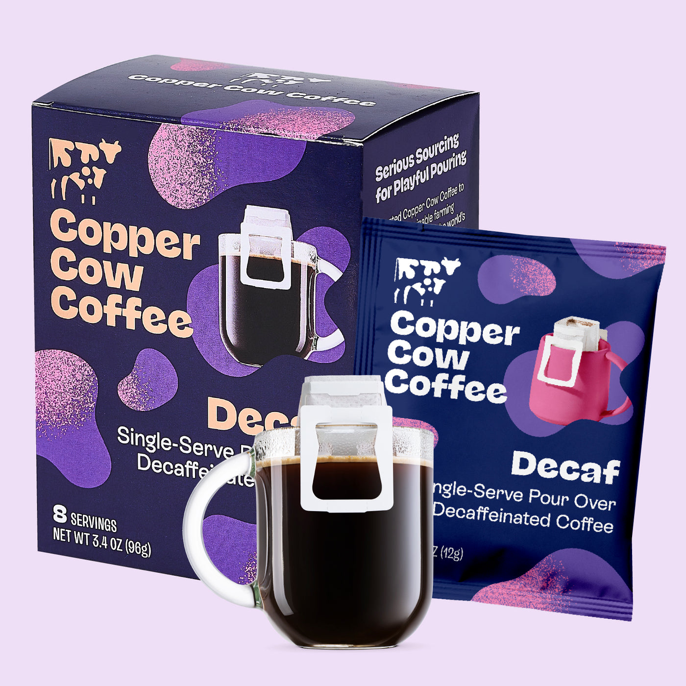 Copper Cow Coffee Decaf packaging with a mug filled with coffee on a light purple background
