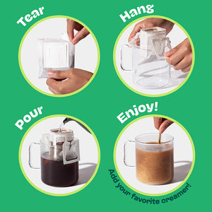 Step-by-step guide on how to use a tea bag with text labels on a green background