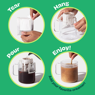 Step-by-step guide on how to use a tea bag with text labels on a green background