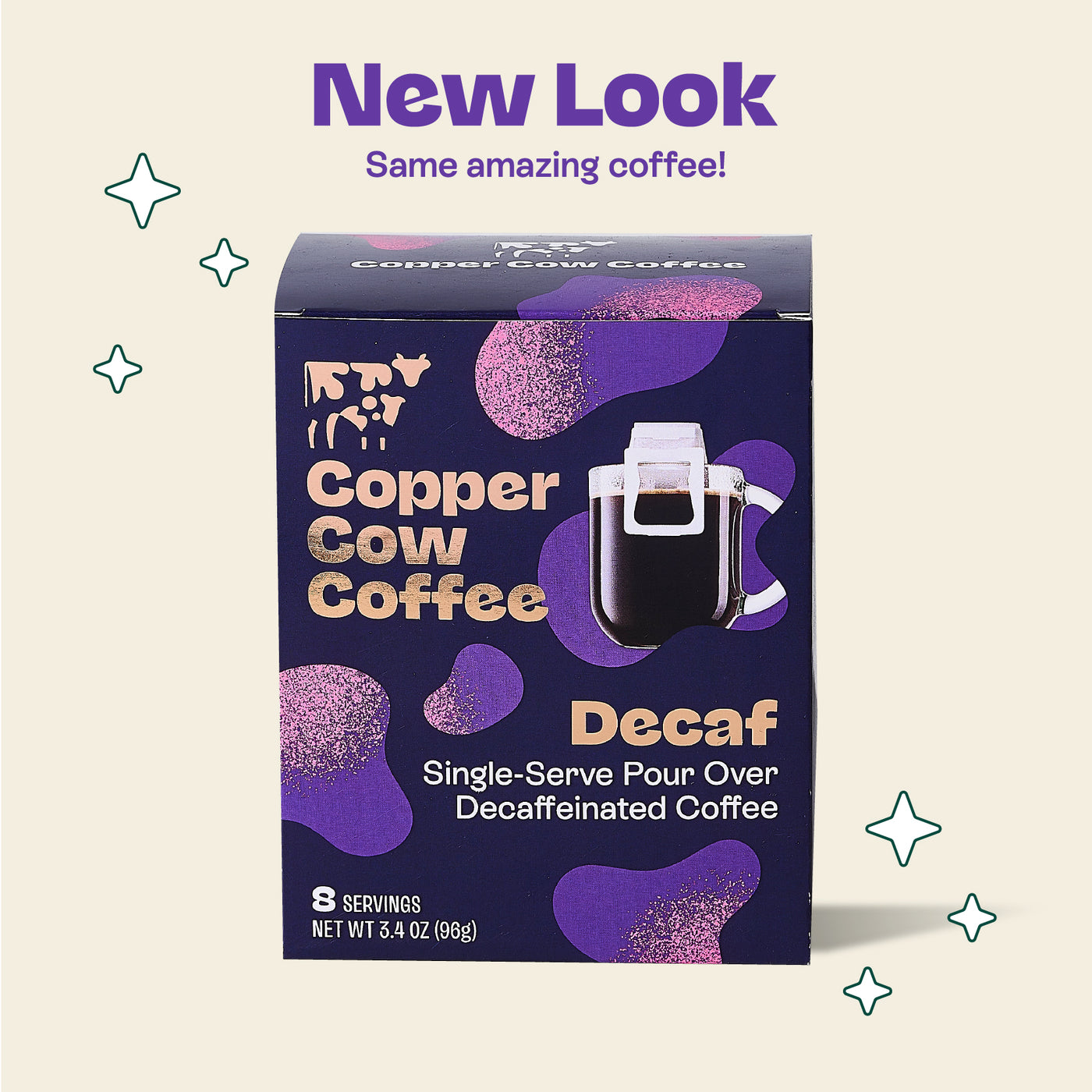 Copper Cow Coffee Decaf single-serve pour over packaging on a beige background