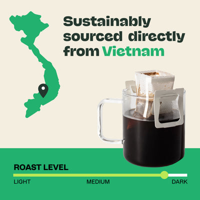 Coffee brewing setup with Vietnamese map and text about sustainably sourced coffee from Vietnam.