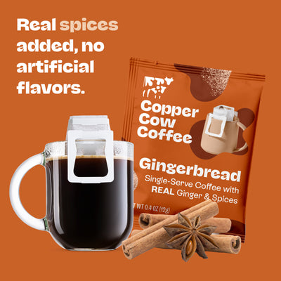 Copper Cow Coffee Gingerbread package with a mug of coffee and spices on an orange background