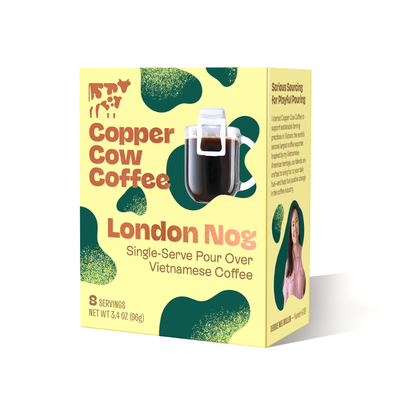 Copper Cow Coffee London Nog packaging on a white background