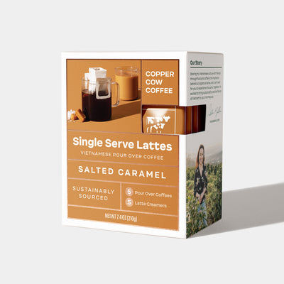 5-Pack of Salted Caramel Vietnamese Latte single-serve pour over pouches in closed box.