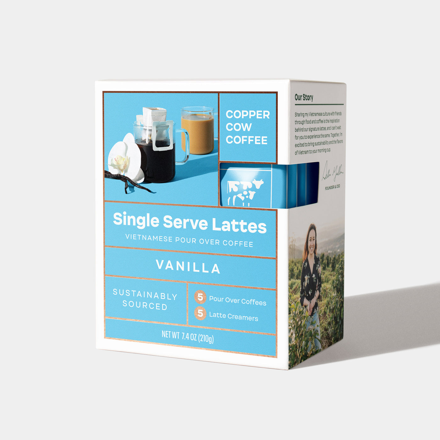 5-Pack of Vanilla Vietnamese Latte single-serve pour over pouches in closed box.