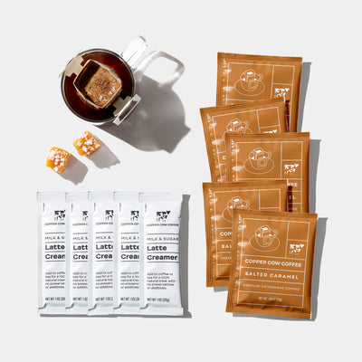 5-Pack of Salted Caramel Vietnamese Latte single-serve pour over pouches.