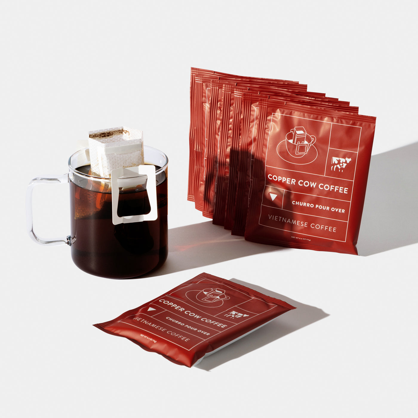 8-Pack of Churro Vietnamese Coffee single-serve pour over pouches.