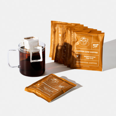 8-Pack of Salted Caramel Vietnamese Coffee single-serve pour over pouches.