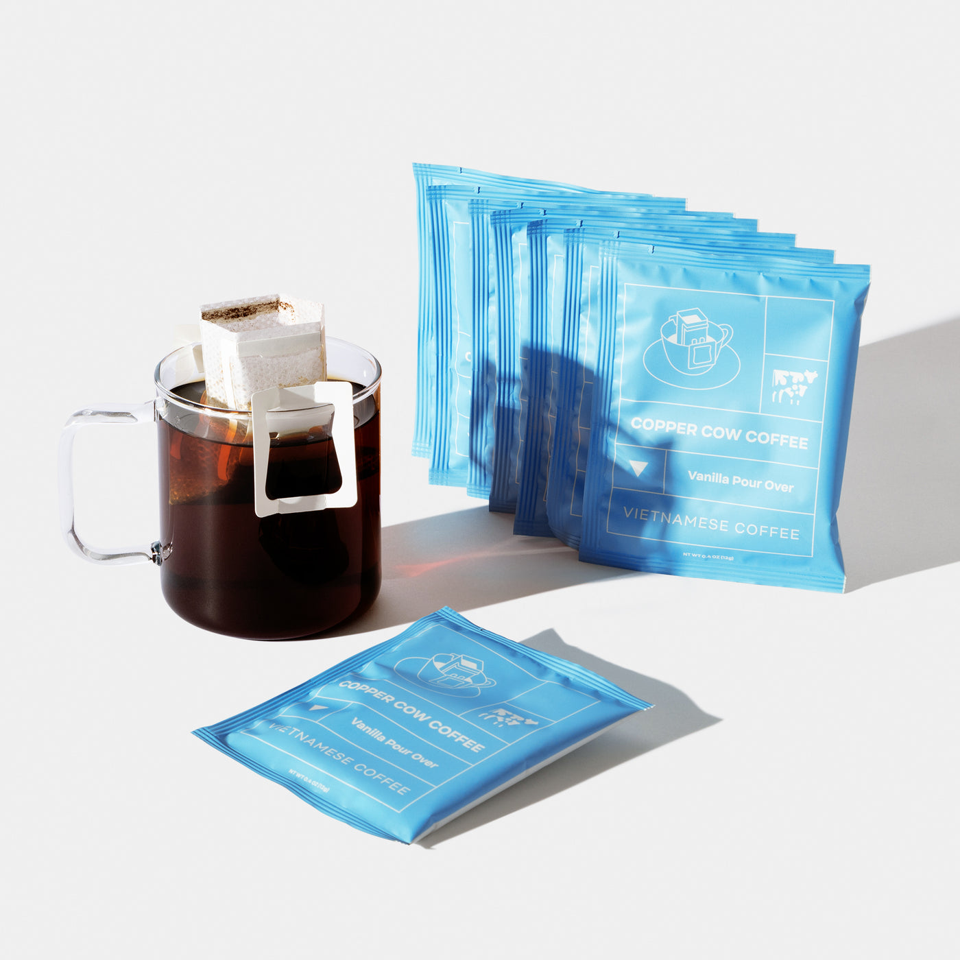 8-Pack of Vanilla Vietnamese Coffee single-serve pour over pouches.