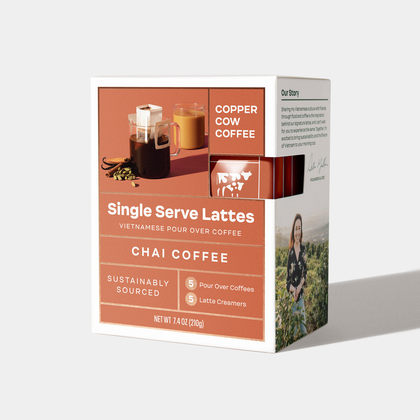 5-Pack of Chai Coffee Vietnamese Latte single-serve pour over pouches in closed box.
