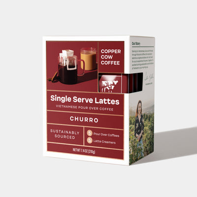 5-Pack of Churro Vietnamese Latte single-serve pour over pouches in closed box.