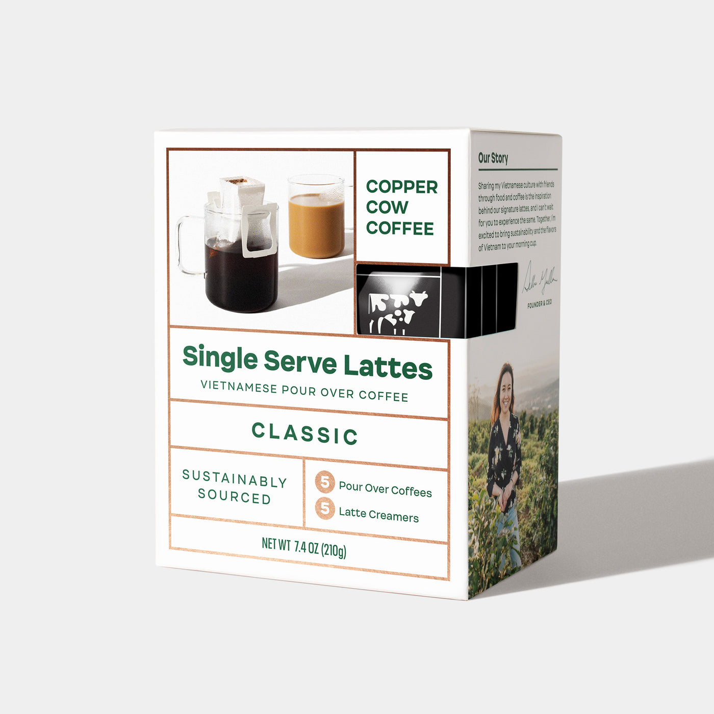 5-Pack of Classic Black Vietnamese Latte single-serve pour over pouches in closed box.