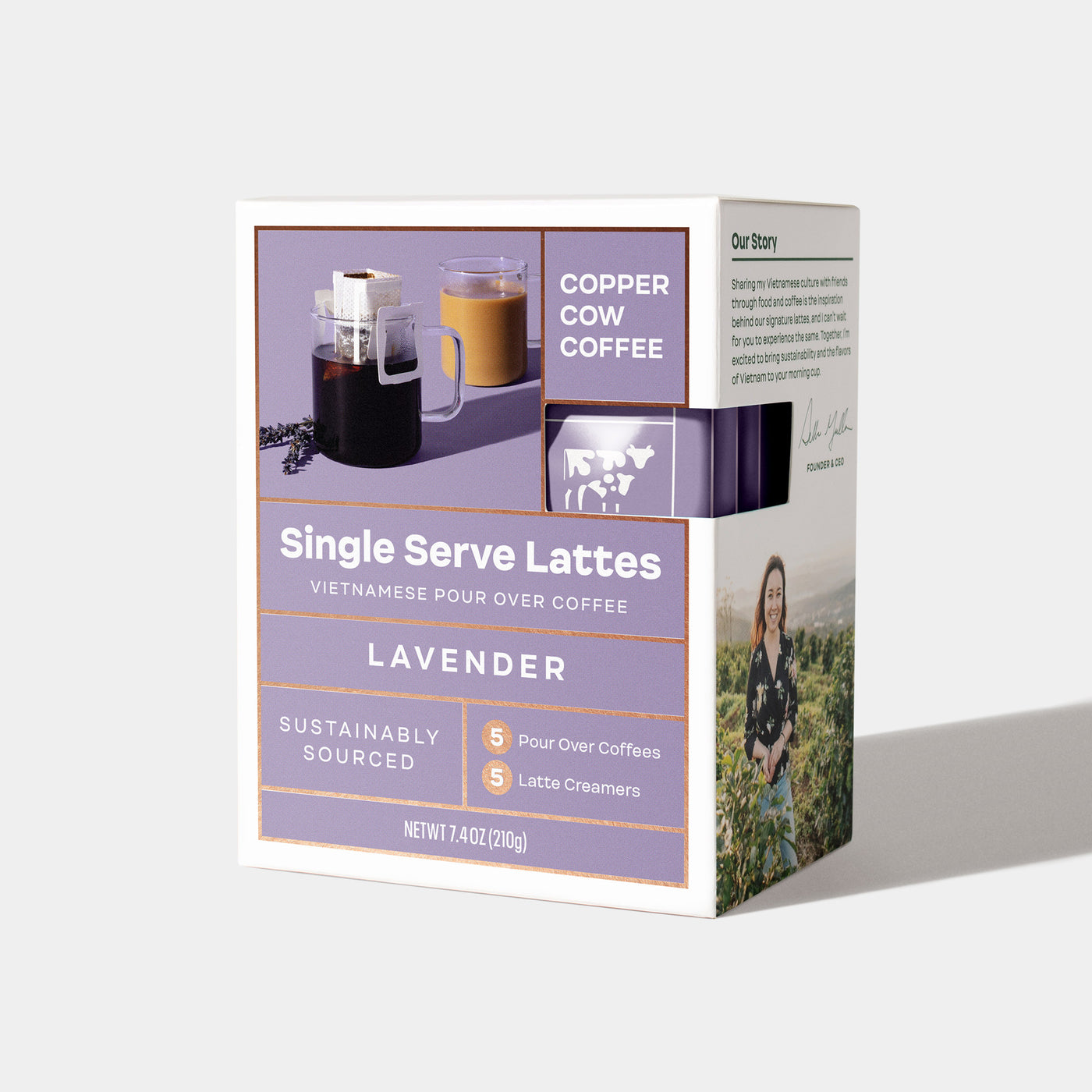 5-Pack of Lavender Vietnamese Latte single-serve pour over pouches in closed box.
