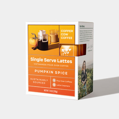 5-Pack of Pumpkin Spice Vietnamese Latte single-serve pour over pouches in closed box.